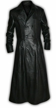 Mens Black Full Long Length Unique Design Leather Coat, Trench Deserter Chester - $219.99