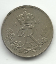 1958 Denmark 10 Ore Coin w/ King Frederik IX Monogram Danmark - $74.48