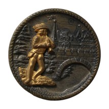Victorian Pictorial Shank Button Brass Pied Piper Of Hamlin Round Antique Vtg - £25.71 GBP