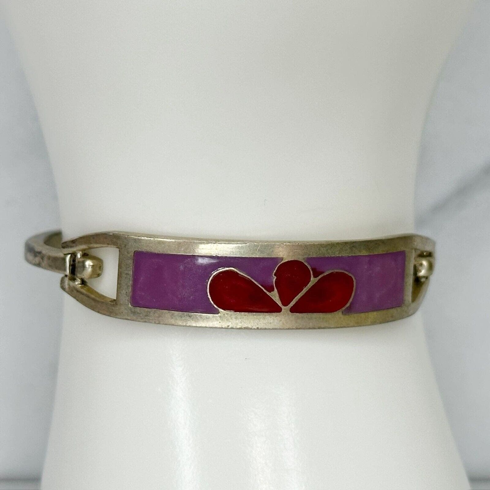 Primary image for Vintage Mexico Taxco Silver Tone Red and Pink Flower Bangle Child's Bracelet