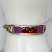 Vintage Mexico Taxco Silver Tone Red and Pink Flower Bangle Child&#39;s Bracelet - £15.58 GBP