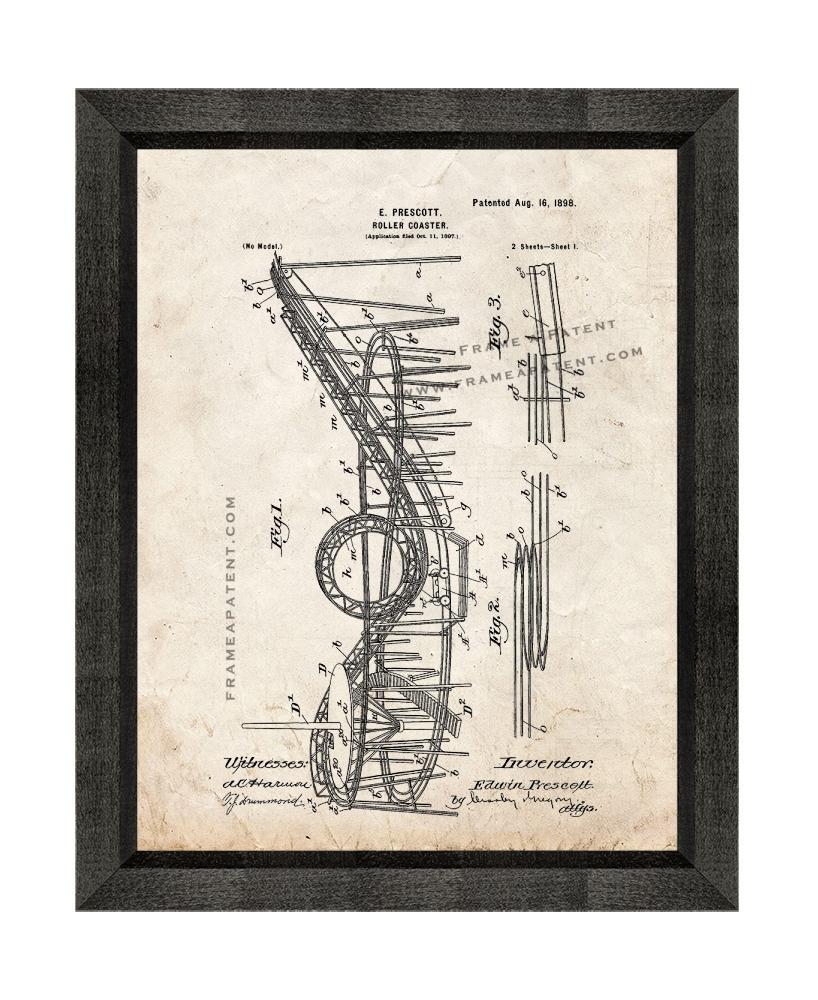 Roller Coaster Patent Print Old Look with Beveled Wood Frame - £19.94 GBP - £87.87 GBP
