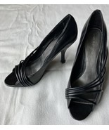 Women&#39;s Vintage Strappy High Heels Open Toe Black Leather Size 7.5 - $35.10