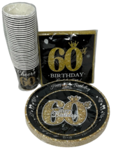 60th Birthday Party Supplies Serveware Decor Black & Gold 30 Plates Napkins Cups image 2