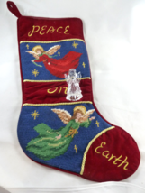 Needlepoint stocking Angel Peace on Earth Christmas velvet 16&quot; + Crystal Angel - £22.14 GBP