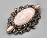Sterling Silver Marcasite Oval Brooch Pearlescent 15.32g Mother of Pearl - $33.85