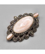 Sterling Silver Marcasite Oval Brooch Pearlescent 15.32g Mother of Pearl - £26.56 GBP
