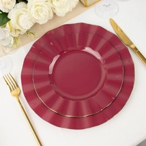 10 Burgundy 9&quot;&quot; Round Plastic Salad Dinner Plates Gold Wavy Rim Wedding Party - £12.59 GBP