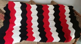 Large Handmade Crochet Afghan Throw Blanket Chevron Pattern Red White Black big - £25.32 GBP