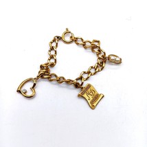 Vintage Starter Charm Bracelet, Gold Tone Curb Links Bangle with 3 Charm... - $37.74