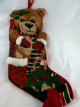 Needlepoint Christmas Stocking 19&quot; Dimentional teddy bear with red velve... - $19.79