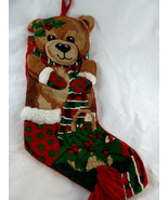 Needlepoint Christmas Stocking 19&quot; Dimentional teddy bear with red velve... - £15.56 GBP