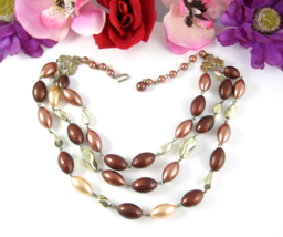 TRIPLE STRAND Vintage Necklace Coppertone Football Shaped Beads Goldtone 15&quot; - £14.78 GBP