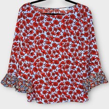 DALIA Blue and Red Floral Bell Sleeve Contrast Ruffle Blouse Size Medium - £15.42 GBP