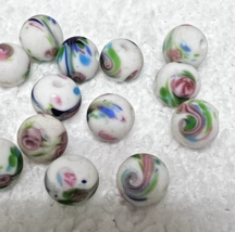 16 Vintage Art Glass Matte Beads Blue Pink Green Feathery Swirls 7/16 In... - $14.85