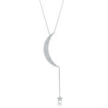Sterling Silver Micro Pave CZ Thin Crescent Moon with Dangling Star Necklace - £50.11 GBP