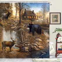 Cabin Bear Wildlife Lodge Forest Fabric Shower Curtain, Modern Rustic,70&quot;x70-NEW - £23.19 GBP