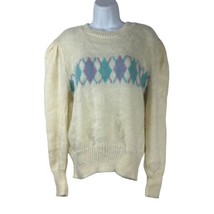 Vintage Fortune Knits Orlon &amp; Mohair Argyle Sweater Made In USA Cream &amp; ... - $24.37