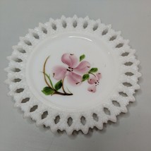 Vtg Kemple Milk Glass Hand Painted Floral  Plate Lattice Edge Pink Pansy 6&quot;W - £7.58 GBP