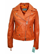 Stylish Orange Women&#39;s Leather Jacket Genuine Lambskin Handmade Motorcyc... - $114.75+
