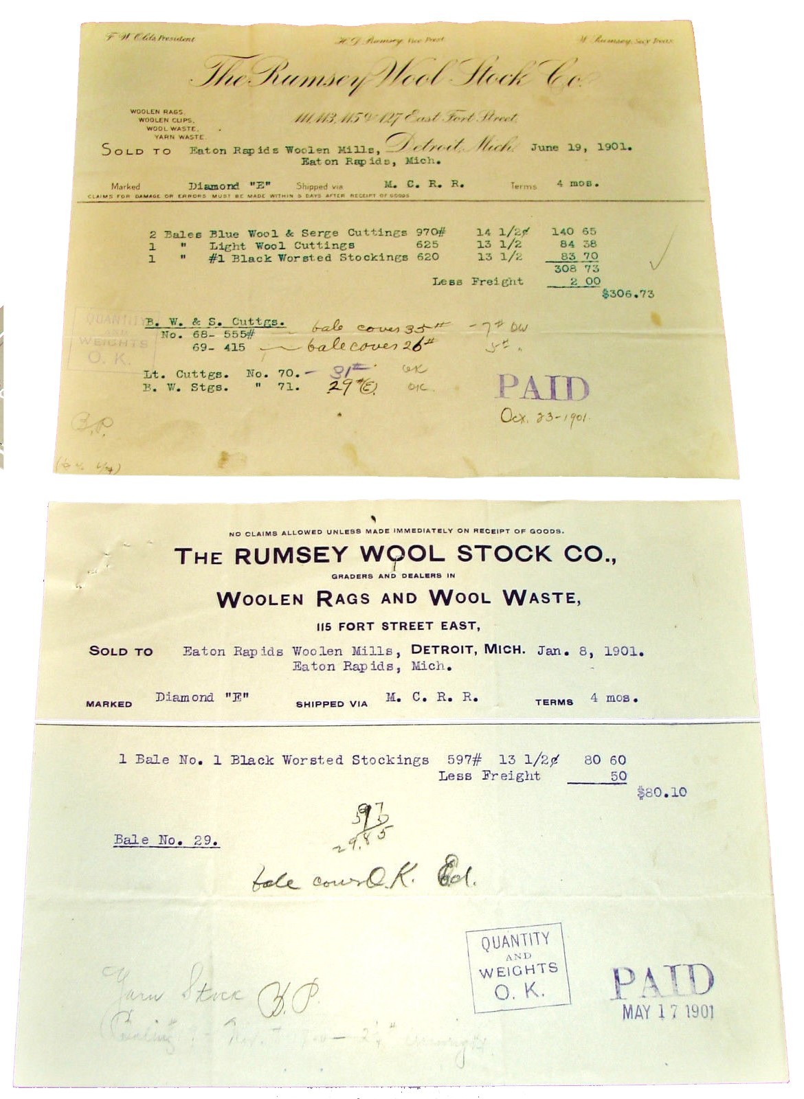 2 1901 RUMSEY WOOL STOCK CO Detroit Woolen Rags Wool Antique Billheads R... - $9.99