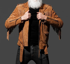 Handmade Mens American brown Sued Leather leder Fringe Jacket biker harley - £120.56 GBP