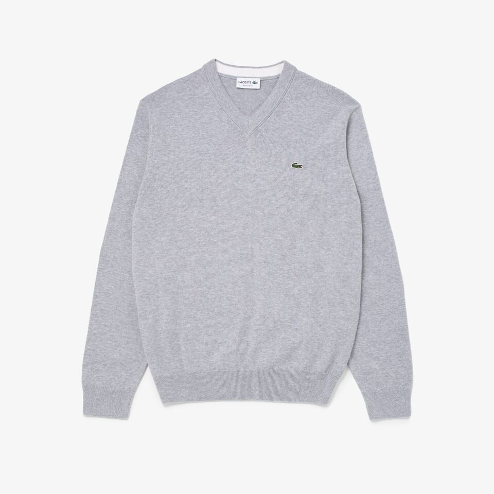 Lacoste V-Neck Cotton Sweater Men'S VARIOUS SIZES HEATHER GRAY