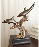 Ebros Nautical 2 Dolphins Surfing Ocean Waves Electroplated Bronze Resin... - $135.38 CAD