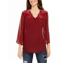 Style &amp; Co Womens M Eyelet Red Polka Dot Sheer Long Sleeve Blouse NWT CB10 - $24.49