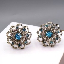 Layered Filigree Earrings with Blue Crystal Flowers, Classic Silver Tone... - $31.93