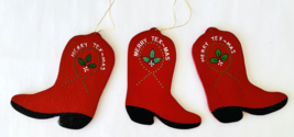 Lot 3 Hand Painted Wood Red Cowboy Boot Christmas Ornaments Merry Tex-mas 4.75&quot; - £11.41 GBP