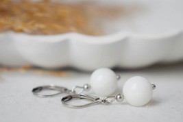 White jade bead earrings silver, Huggie earrings with gemstone, White stone hoop - £24.70 GBP