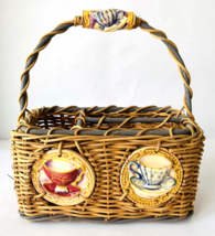 Basket Divided Decorated with Porcelain Teacups Picnics Flatware Napkins... - £30.31 GBP