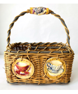 Basket Divided Decorated with Porcelain Teacups Picnics Flatware Napkins... - £30.66 GBP