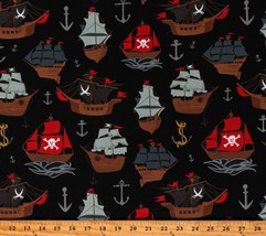 Cotton Pirate Ships Boats Anchors Jolly Roger Black Fabric Print by Yard D786.97 - £10.35 GBP