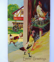 Easter Greetings Postcard Roosters Hens Barn Farm Lays Eggs Series 666.2 Vintage - £5.84 GBP