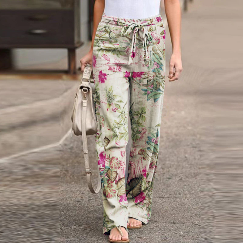 Women linen Pants Boho Ethnic Autumn Casual Drawstring Wide Leg Gypsy Hi... - $23.89