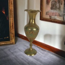 VIntage Fluted Brass VASE Etched Floral Rose Vase Design, India 6&quot; Tall Blue Red - £10.93 GBP