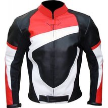 MENS BIKER LEATHER BLACK RED WHITE BIKER LEATHER JACKET, BIKER JACKET FO... - £127.88 GBP