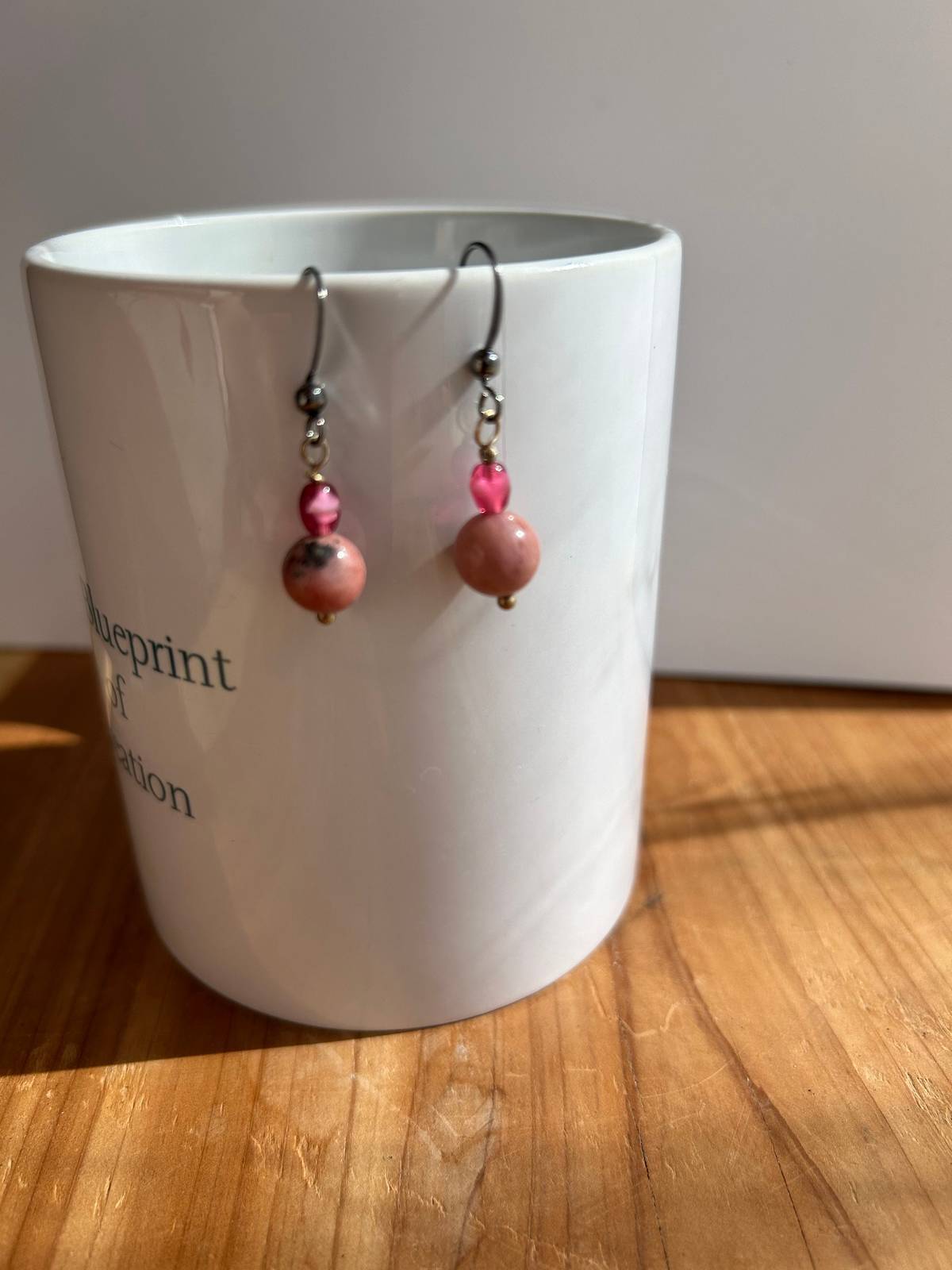 Heart Pink Rhodochrosite and Glass Earrings - $16.00