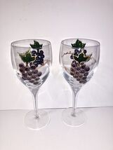 Set Of 2 Hand Painted Grape Wine Glasses 8” Tall Art Glass Goblets Stemmed - $22.00