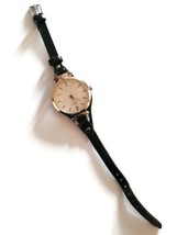 Women&#39;s Gold Tone Case Analog Quartz Watch Black Faux Leather Needs Repair - £13.81 GBP