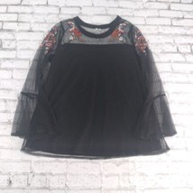 Blouse Womens XL Black Embroidered Floral Swiss Dot Long Sleeve Lined Boho Top - £15.71 GBP