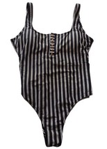Raisins One Piece Striped Tank Bathing Suit Size M Rose Gold Buttons High Leg - $15.19