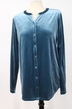 Lands End M Blue Velvet Button-Front Long Sleeve Top - £20.91 GBP