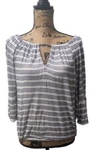 Lucky Brand Women Size XS Keyhole 3/4 Sleeve Blouse White Striped - $23.75