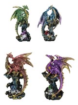 Set Of 4 Metallic Colorful Fantasy Dragons Perching On Rock Towers Figurines - £39.30 GBP