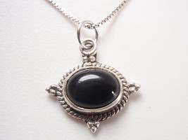 Small Oval Black Onyx Rope Style Accented 925 Sterling Silver Necklace - £12.83 GBP