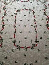 Christmas Tablecloth 57.5&quot;x 82&quot;  Green Leaves Red Berries &amp; Ribbon Holly Print - £13.85 GBP