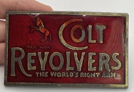 Colt Revolvers The World&#39;s Right Arm Metal Belt Buckle Firearms Red Enamel Vtg - £11.32 GBP